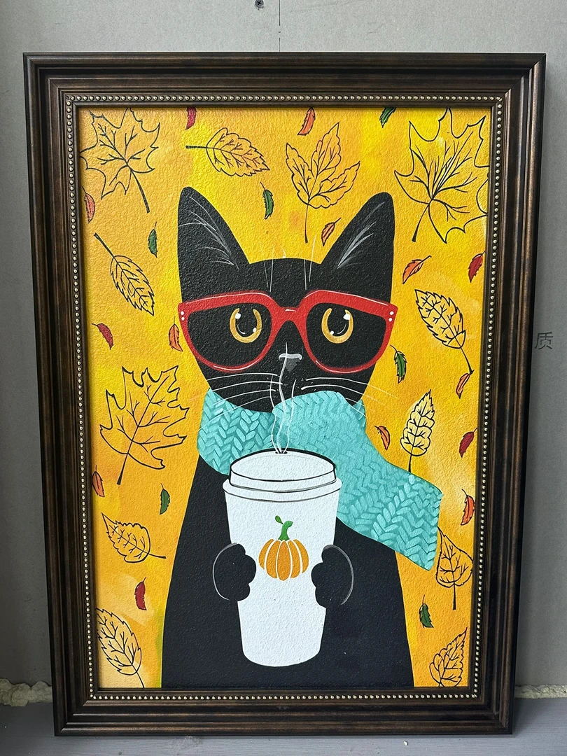 欧框奶茶猫咪卡通小众高级感文艺装饰画复古画客厅挂画SA04