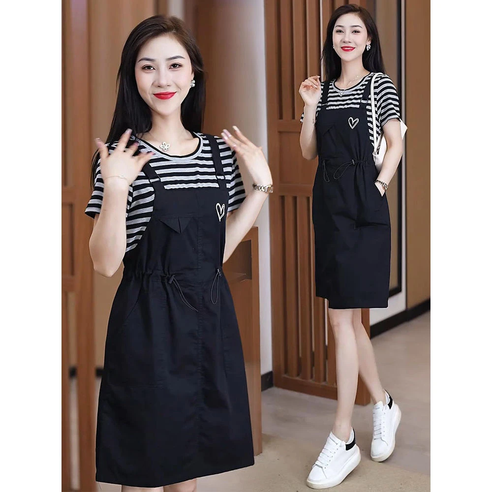 2025年休闲气质背带连衣裙女小个子抽绳收腰遮肉减龄宽松A字裙