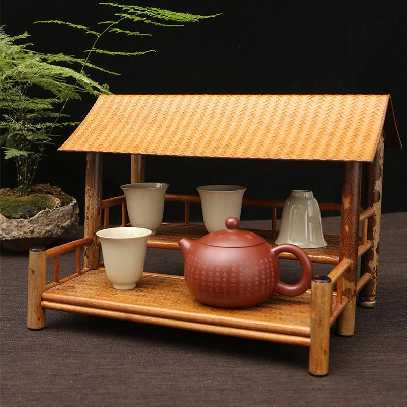 中式围炉煮茶禅意梅鹿竹茶棚茶台屋檐桌面收纳柜博古架双层茶杯架