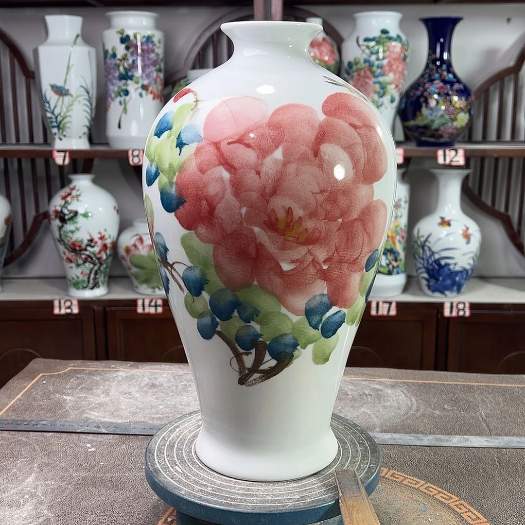 摆件陶景德镇陶瓷梅红牡花