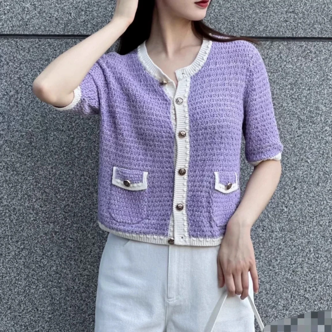 【官方正品】阿玛施优雅气质圆领中袖小香短款针织开衫女5499206