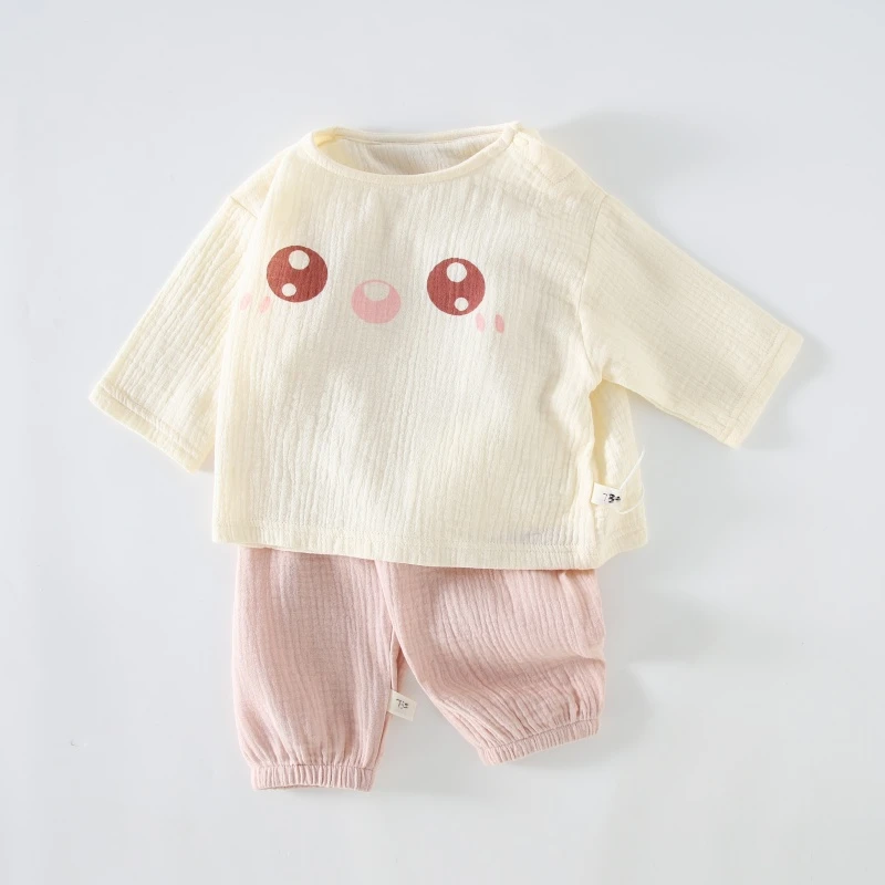 宝宝分体衣夏薄款纱布肩扣粉色套装A类全棉夏天儿童套装家居服