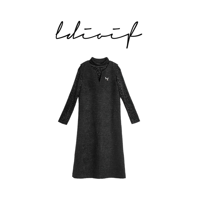 【两件套】重磅亮片加厚织纱粗花呢V领背心裙打底衫两件套#DTZ18926