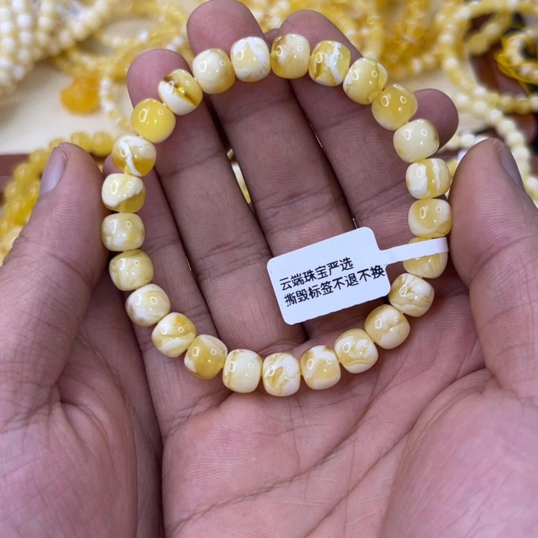 F***L未镶嵌琥珀手链蜜蜡9mm金瓷白溶洞