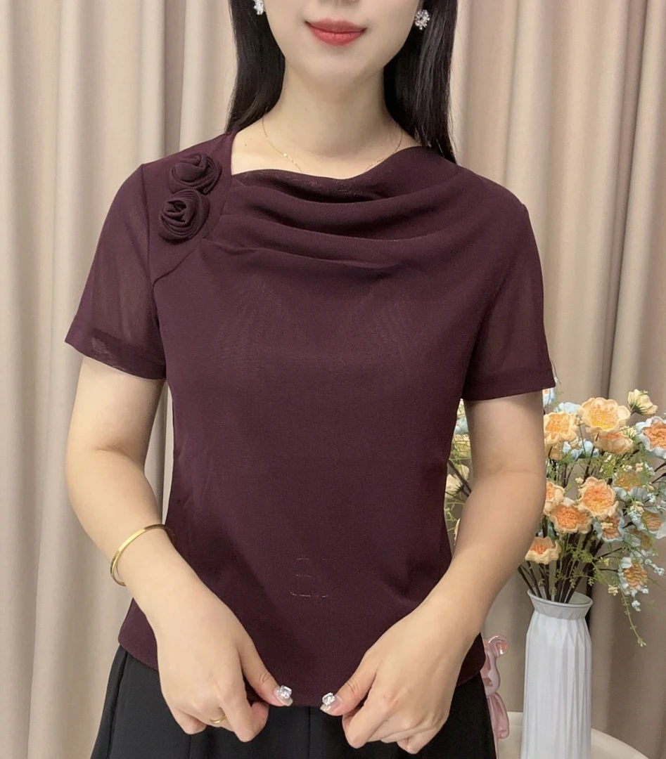 夏季新款洋气时尚百搭透气宽松纯手工定制双朵花花小衫上衣气质