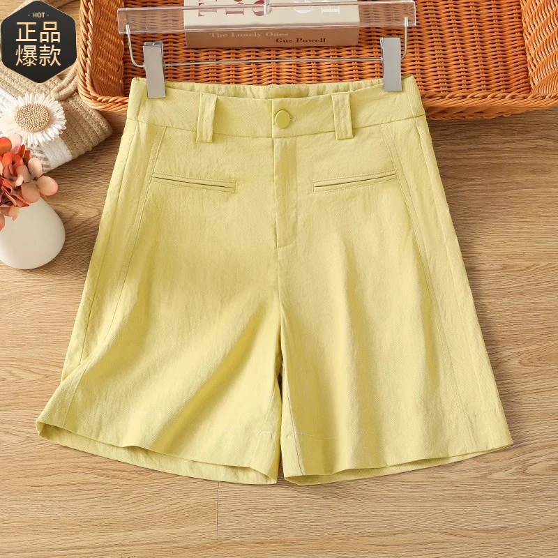 黄色天丝亚麻短裤女夏季薄款2025新款苎麻松弛休闲裤子棉麻五分裤
