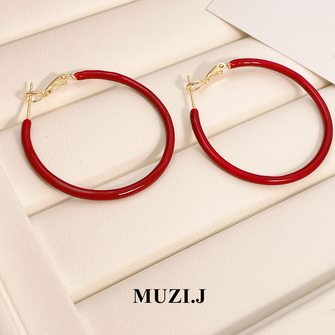 铜合金耳饰 【安可拉红画油耳圈】轻奢简约小众气质时尚个性-A57