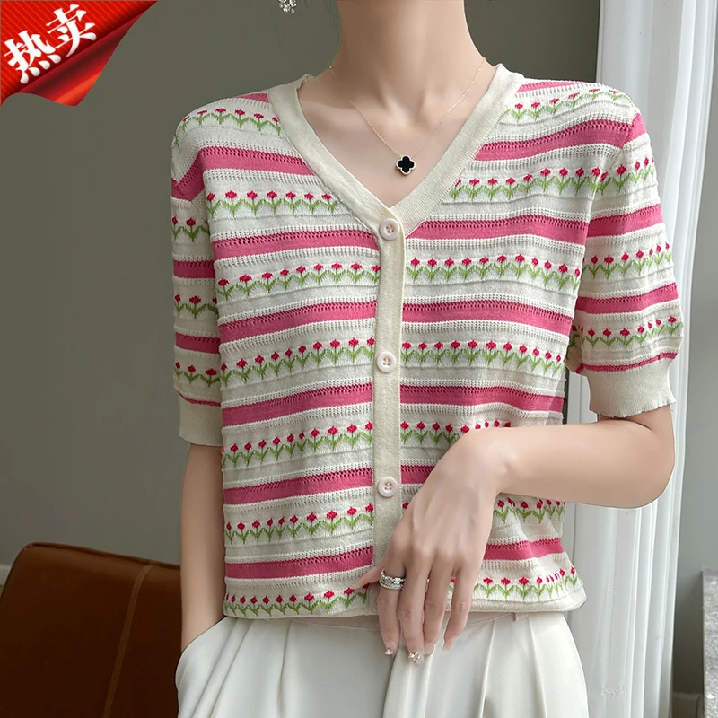 2025新款减龄小碎花短袖针织开衫女装复古百搭T恤上衣夏季