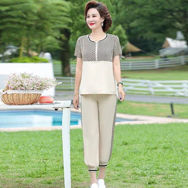 9022-中年妈妈夏装运动服套装短袖T恤女装衣服两件套【B仓东货架】