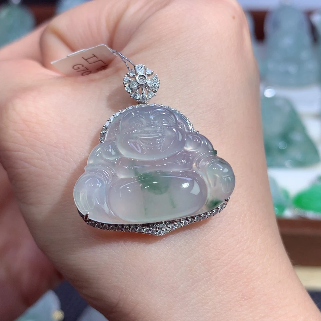 吊坠(不含链)18K金镶嵌翡翠天然缅甸A货翡翠揭阳工佛公