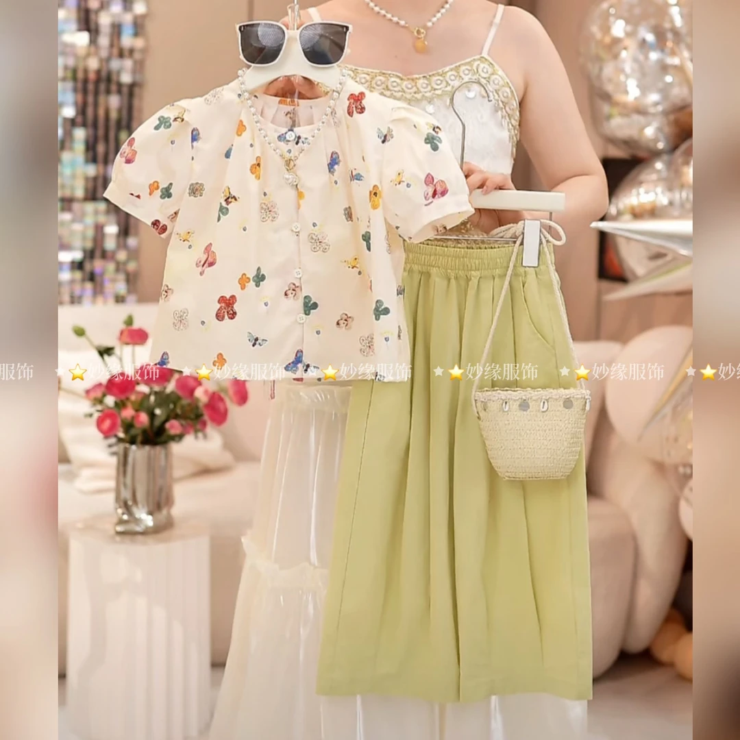 女童阔腿裤套装夏季2025新款儿童碎花无袖上衣裙裤两件套夏装