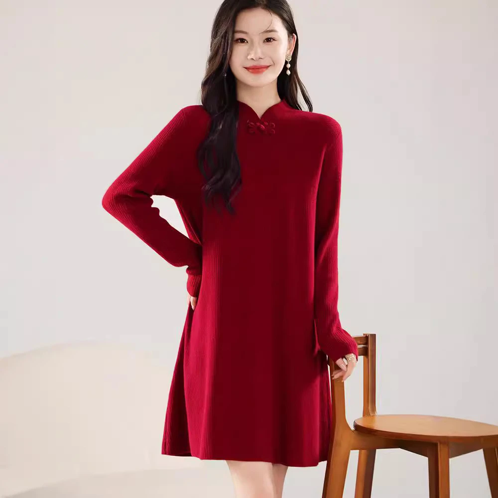 常规显瘦连衣裙羊毛衫裙子宽松女针织新款打底中长款毛衣纯色秋冬