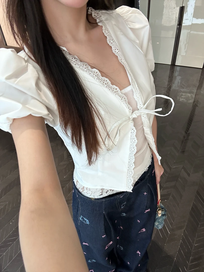 Run菲菲 优雅蕾丝系带花边短袖衬衫+网纱吊带女夏气质两件套