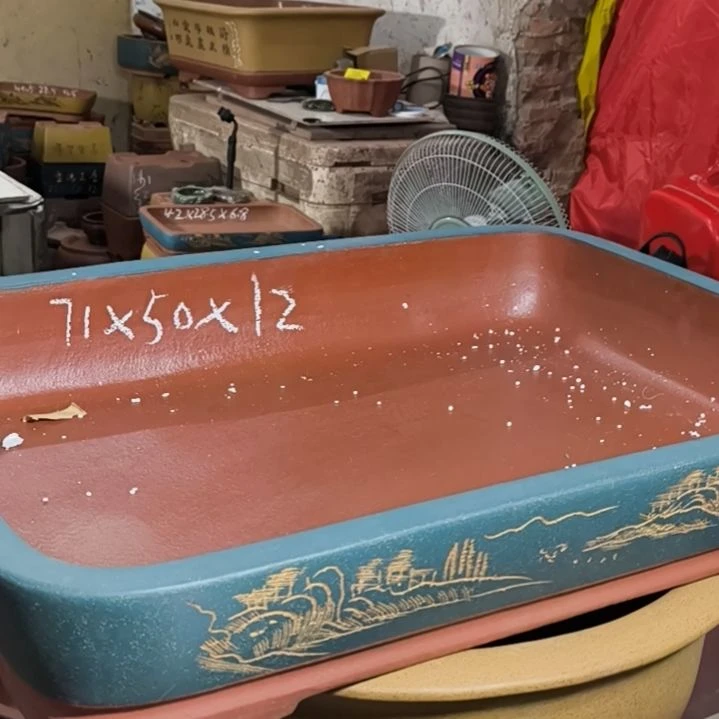紫砂花盆宝蓝色大号浅水底