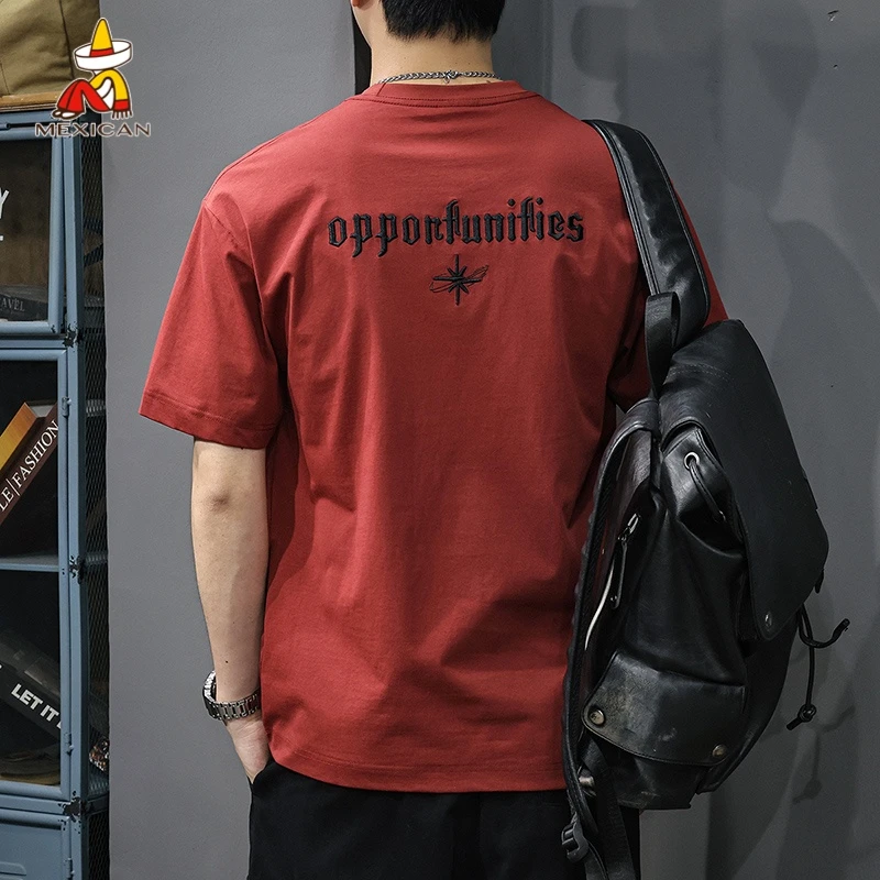 Mexican/稻草人夏季刺绣t恤男士短袖宽松休闲半袖体恤潮牌五分袖