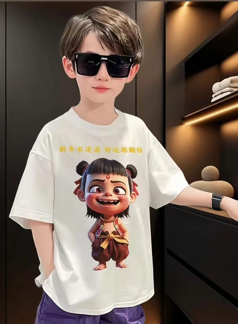 【新哪吒短袖】亲子棉洋气韩版时尚休闲男女童中大童T恤00018潮流
