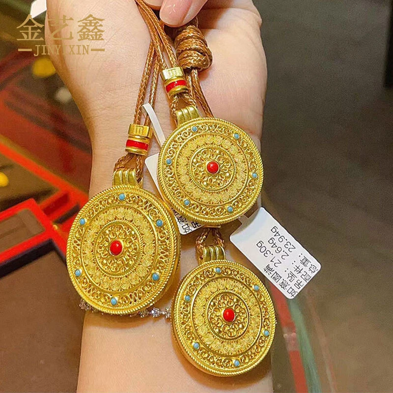 黄金八宝罗盘吊坠 古法金花丝如意圆满足金999珐琅吉祥八宝项链坠