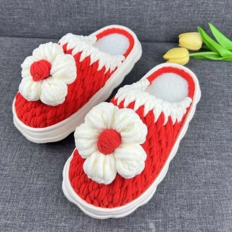 成品纯手工编织毛线拖鞋防滑耐磨加厚保暖居家婚嫁情侣云朵成品鞋