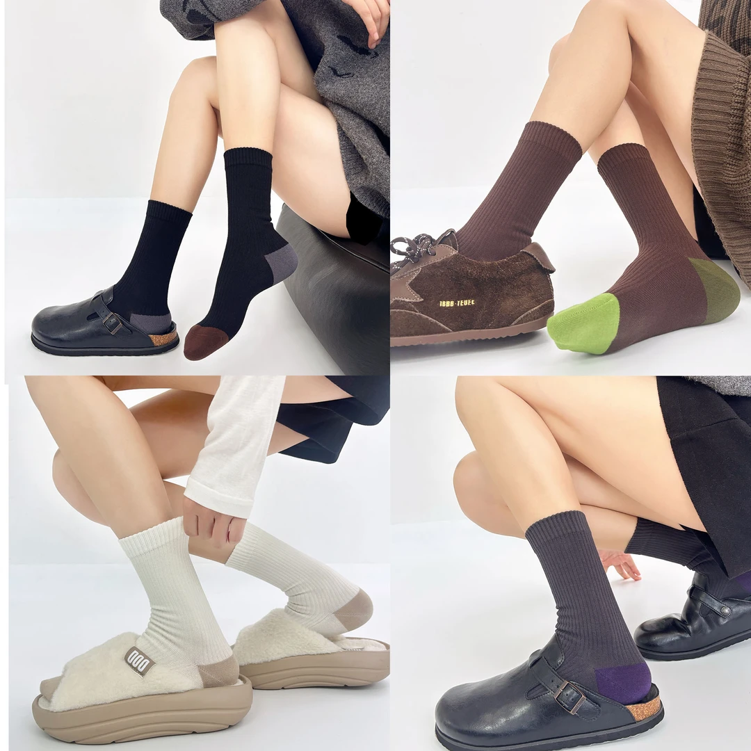 女中筒棉袜秋冬流行色美拉德咖色系堆堆高弹微压无骨百搭鞋子透气