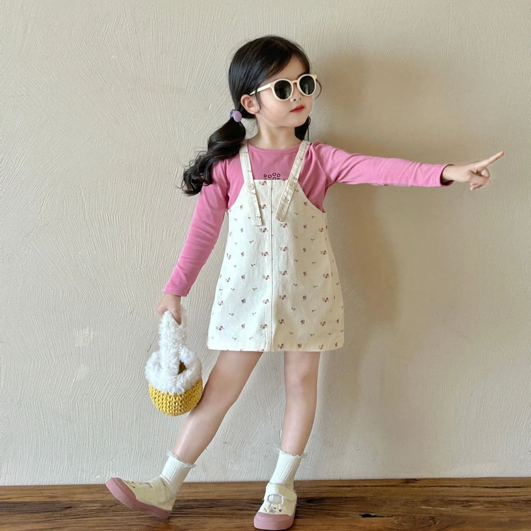 《小思家》2025春款童装女童小清新两件套玫粉T恤+碎花背带裙棉布裙