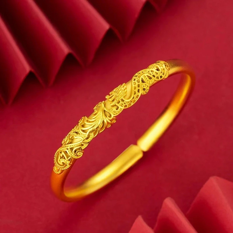手镯 古法龙年手镯龙凤呈祥开口手镯