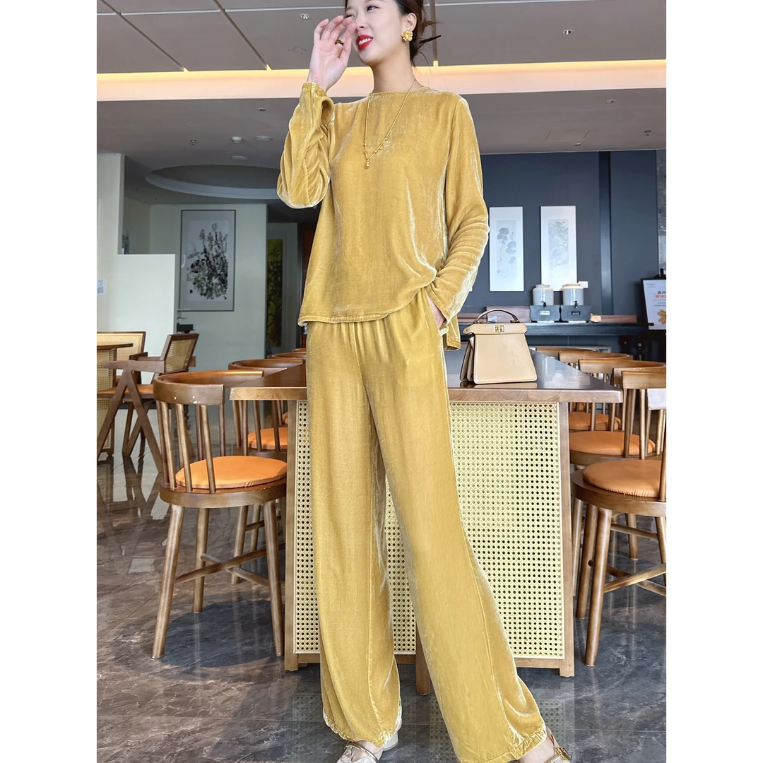 【老罗家】原创真丝休闲裤女桑蚕丝绒松紧腰长裤气质薄款宽松直筒裤