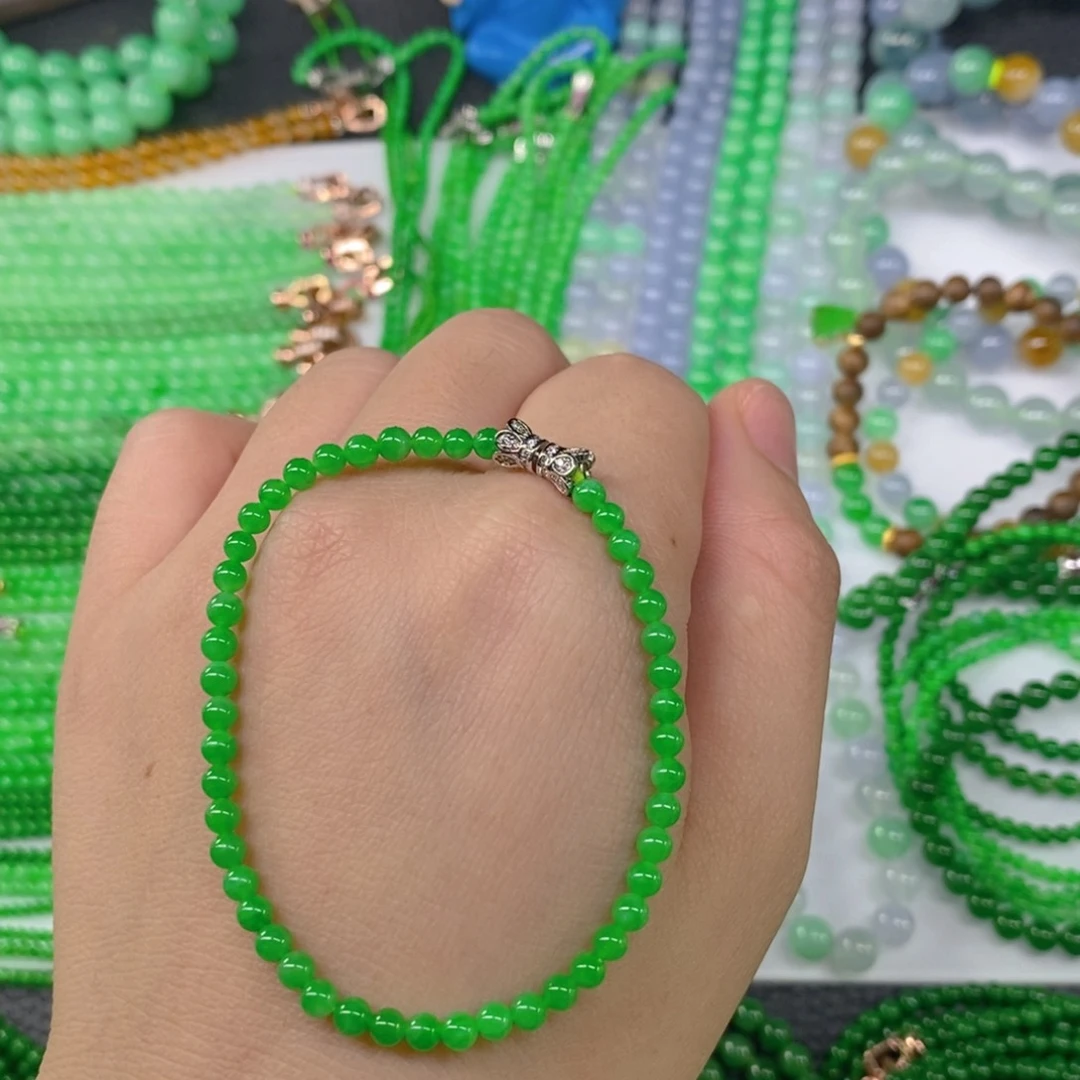 颈饰未镶嵌翡翠缅甸天然翡翠正阳绿小米珠手链3.6
