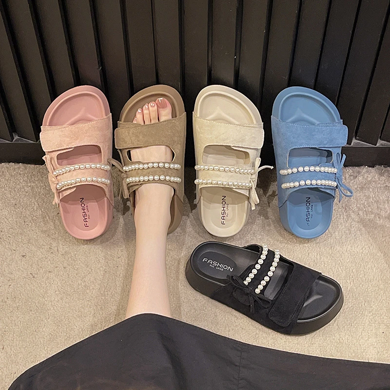 可爱蝴蝶结珍珠厚底拖鞋女2025夏季新款时尚休闲露趾一字凉拖鞋女