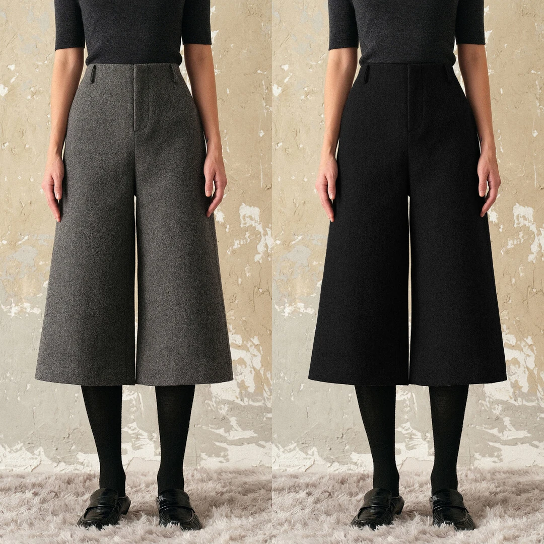 蔻丝kohs 百搭shen器 极简复古分割羊毛空气层a字阔腿毛呢七分裤