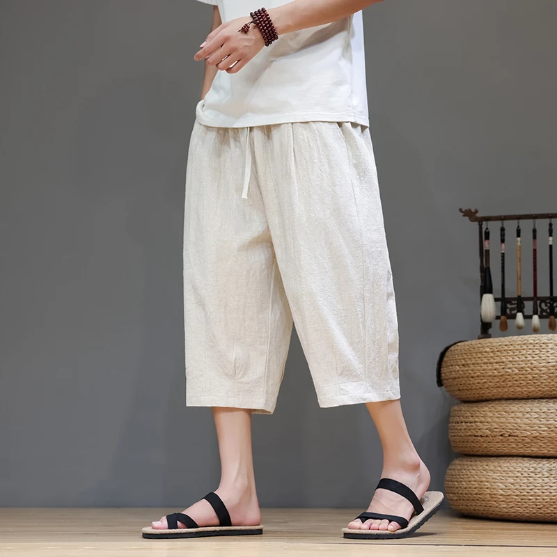 亚麻七分裤男士夏季薄款复古风休闲宽松大码新中式棉麻阔腿直筒裤