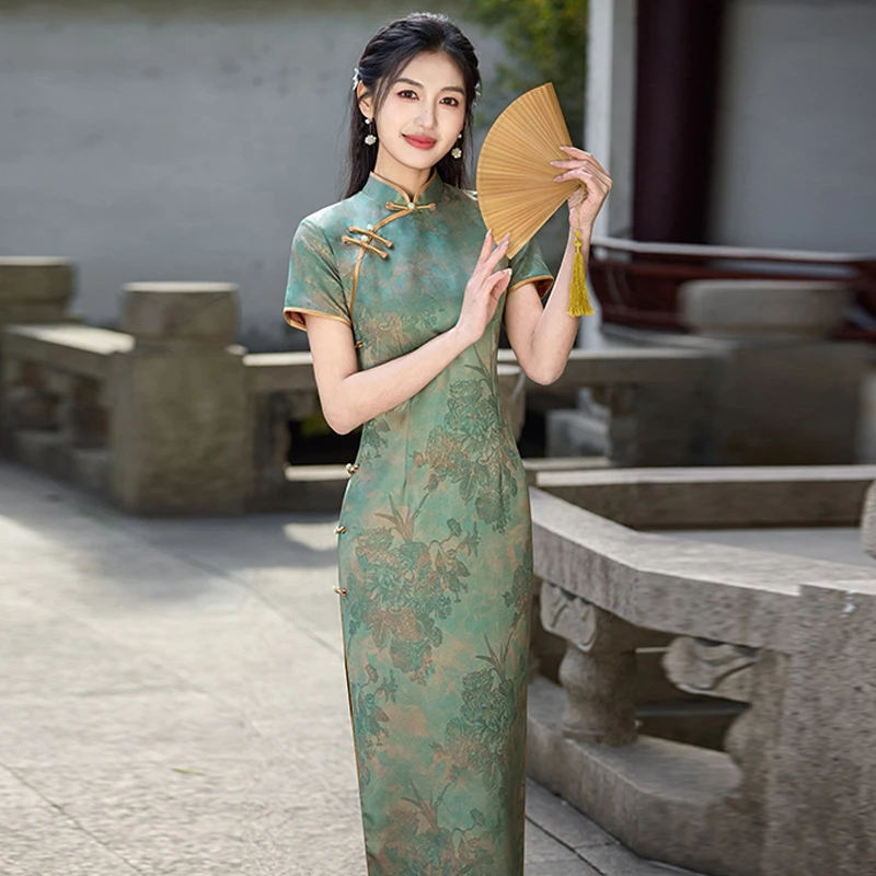 新中式绝美旗袍民国风夏季2025新款高端老上海绿色晚礼服日常可穿