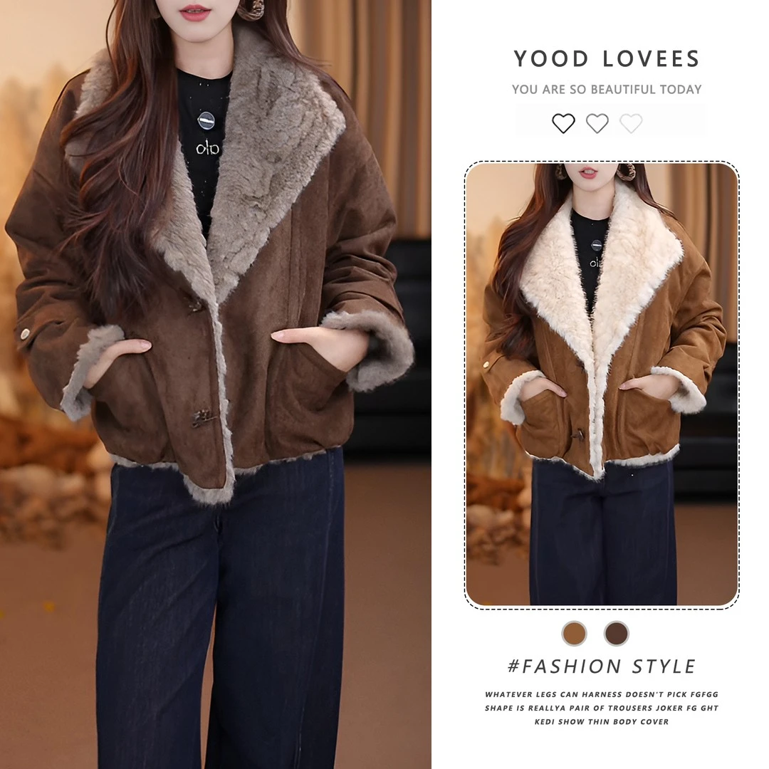 日系穿搭复古棕色毛领2025年冬季花苞保暖绝美巨好看的短外套上衣