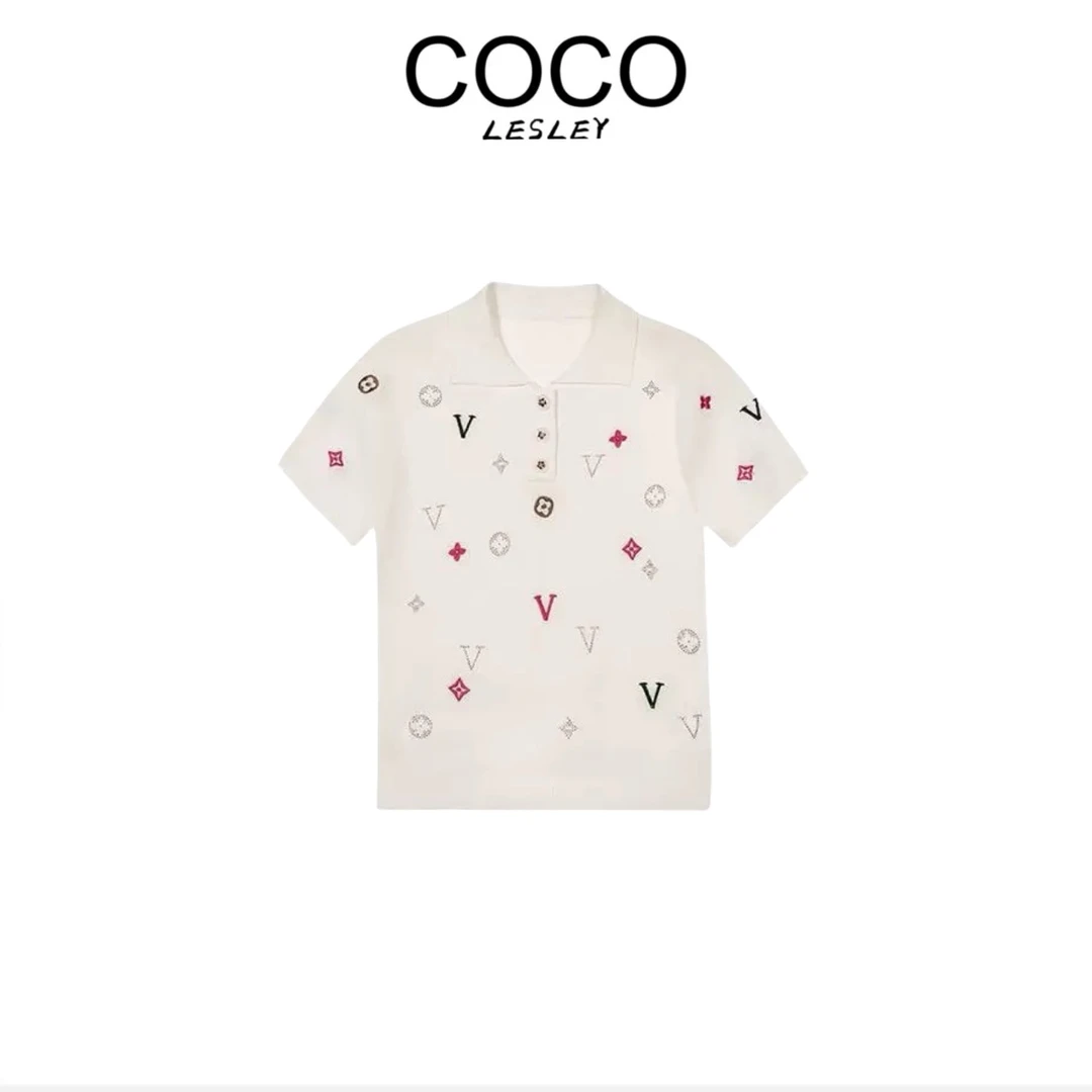 高端时尚减龄刺绣POLO领短袖针织衫洋气显瘦冰丝T恤X187