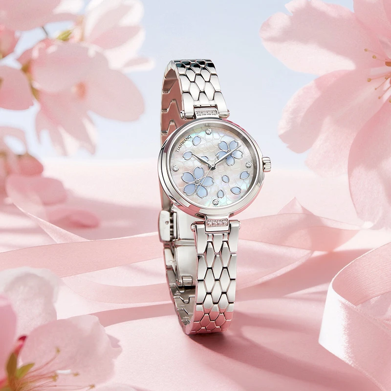 天王繁花系列小花瓣樱花母贝表盘高颜值女士石英钢带表31583