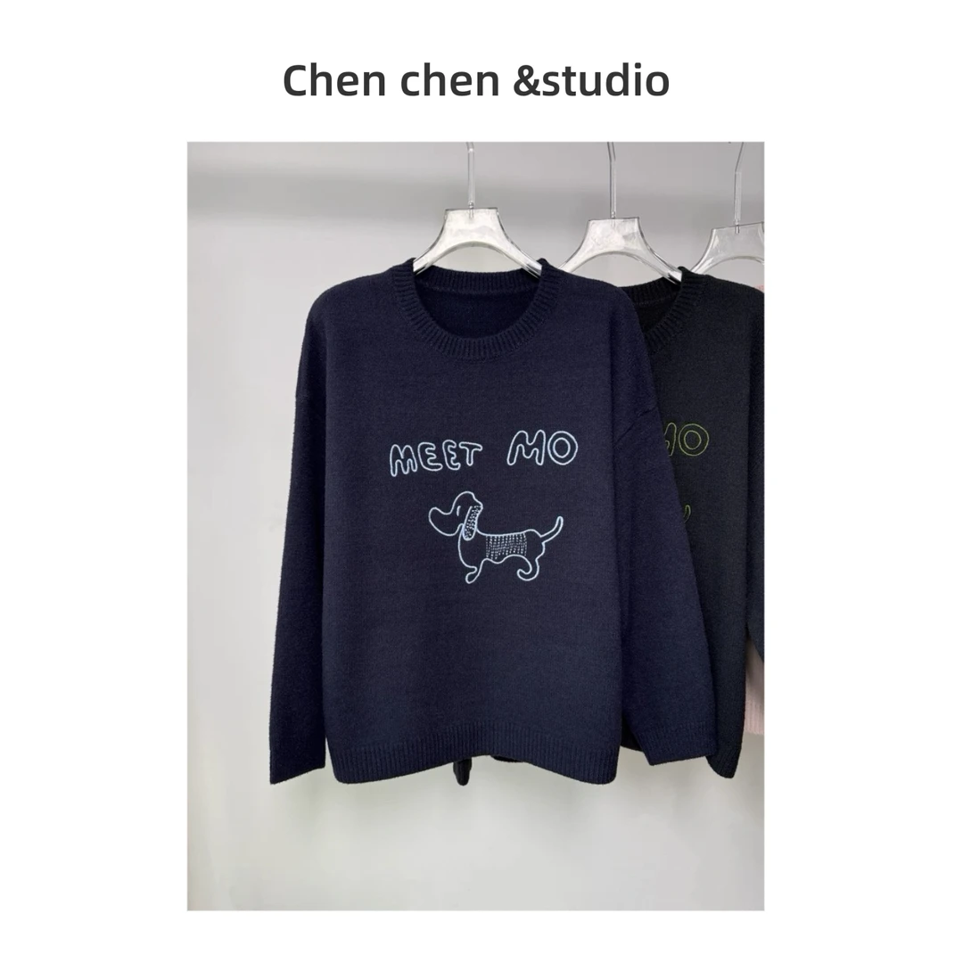 【小狗针织套头毛衣】可机洗女毛针织衫彩色刺绣衫加厚打底宽松上衣