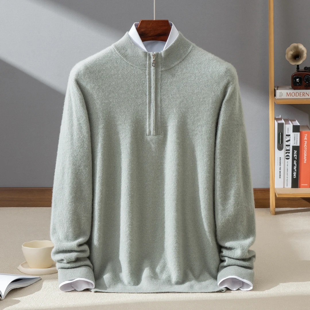 【不议价】男士100%山羊绒半拉链保暖提花羊绒衫针织长袖秋冬男款