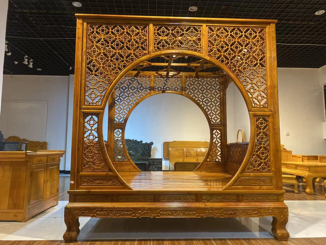 金丝楠木梅花架子床高低床家用主卧床铺小叶桢楠实木双人床婚床