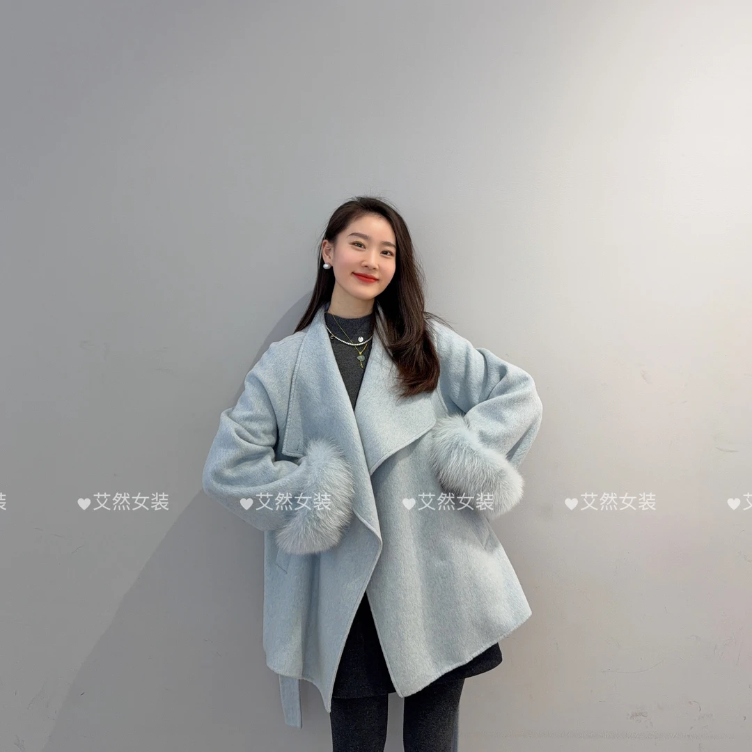 艾然毛毛袖大衣女装落肩袖外套冬装女士双面羊毛大衣百搭上衣5D