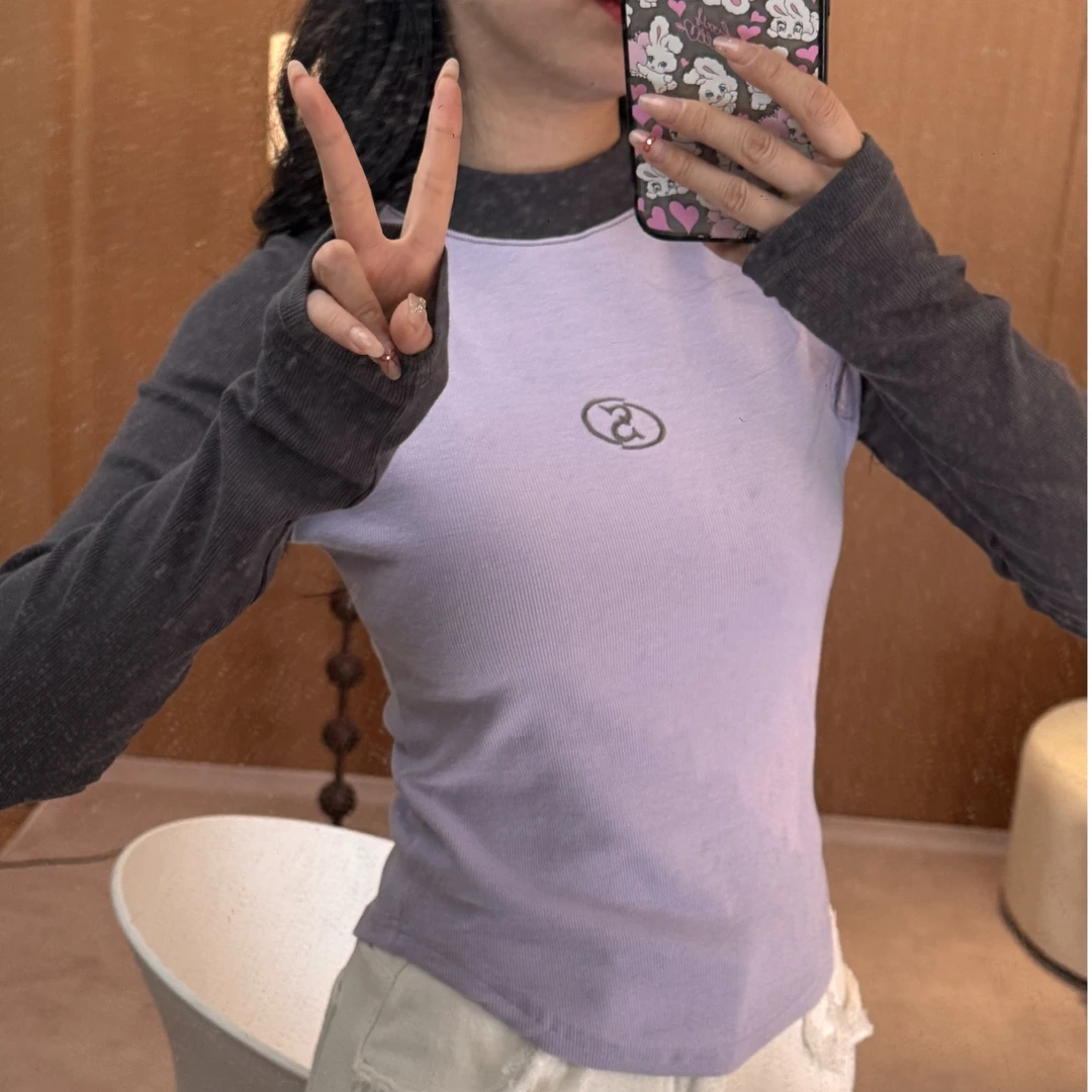 歌幂加绒【现货48小时 圆领t恤长袖撞色修身打底上衣 WPL9312