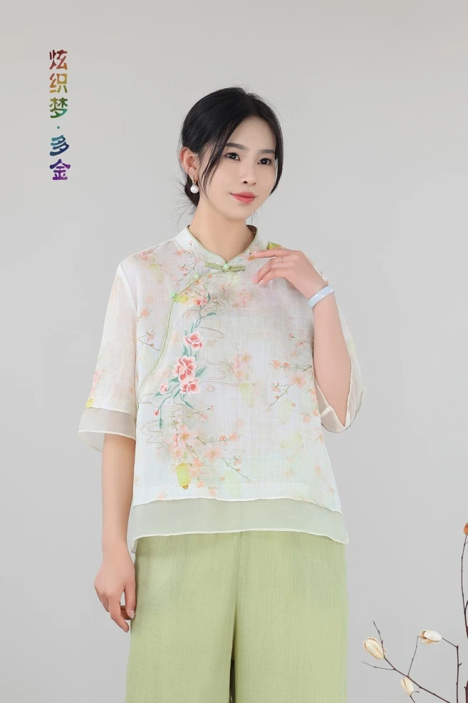 炫织梦夏季新款苎麻斜襟宽松薄款新中式衬衫女装印花民族风刺绣