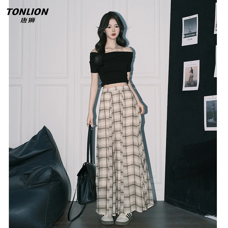 唐狮设计感咖色格子度假风半身裙女夏季新款高腰垂感A字百褶长裙