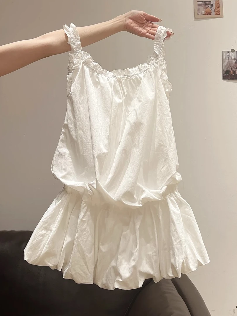 韩系白色系带木耳边背心吊带女2025年夏季新款设计感掐腰绝美上衣