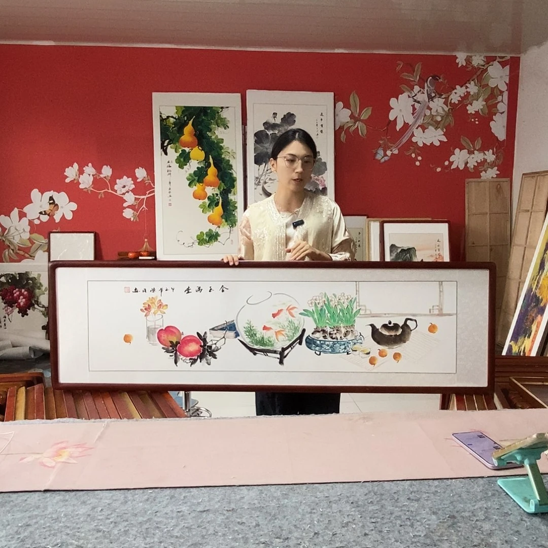 国画手写手绘带框包邮国画作品47✖️162