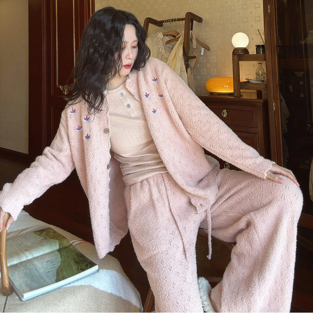 大梦秋冬季保暖半边绒睡衣女家居服开衫套装可外穿宽松加绒春秋