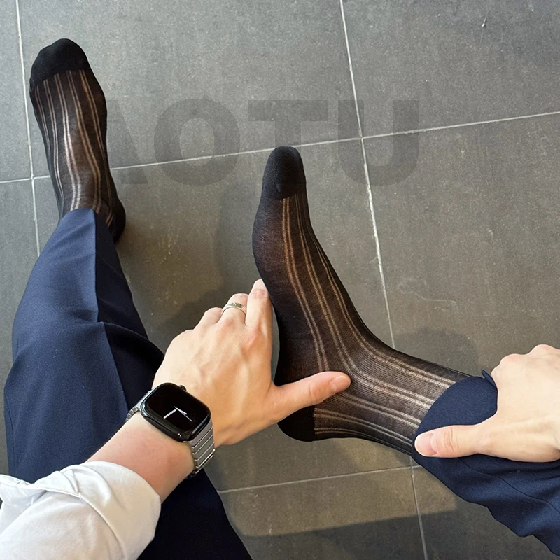 凹凸先生男士夏季薄款丝袜商务袜子中筒袜纯色条纹绅士袜无骨透气
