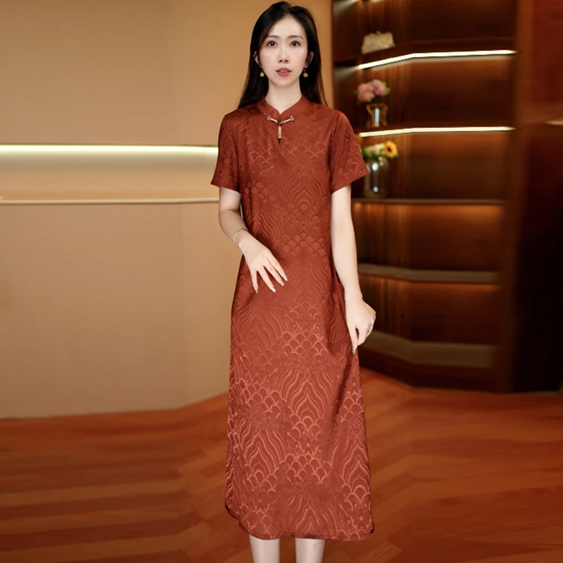 赤锦旗袍 时尚减龄连衣裙百搭遮肉裙子