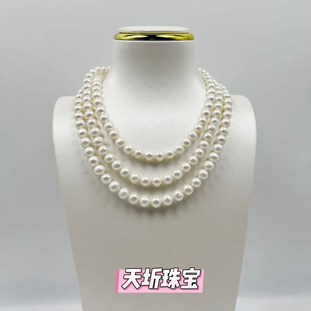 【天圻珠宝】8-9mm淡水无核白珠毛衣链经典百搭S925银MYL0001