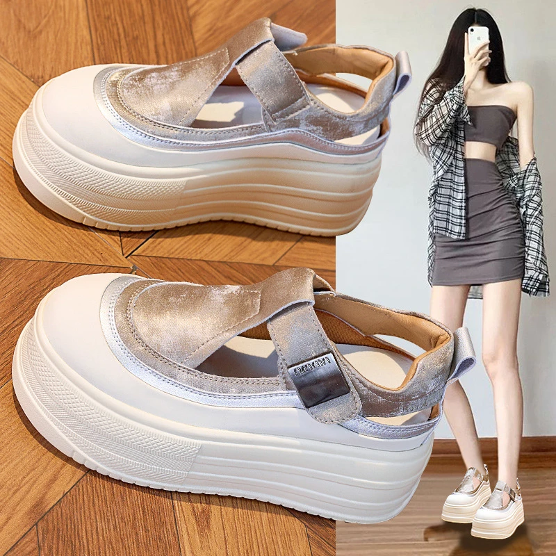 厚底小白鞋女2025夏季新款魔术贴镂空透气不闷脚休闲罗马凉鞋女