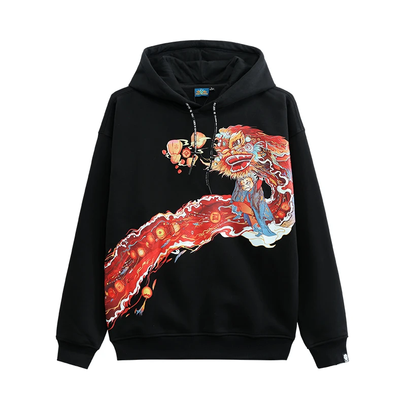 ONIARAI/鬼洗地藏宏图舞狮加绒宽松连帽套头卫衣秋冬国潮J240068