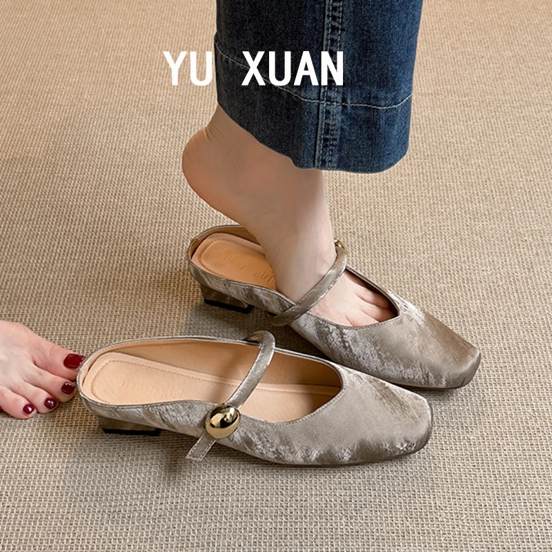 绝美法式包头半拖鞋女夏季凉鞋内增高粗跟浅口方头一字带气质单鞋